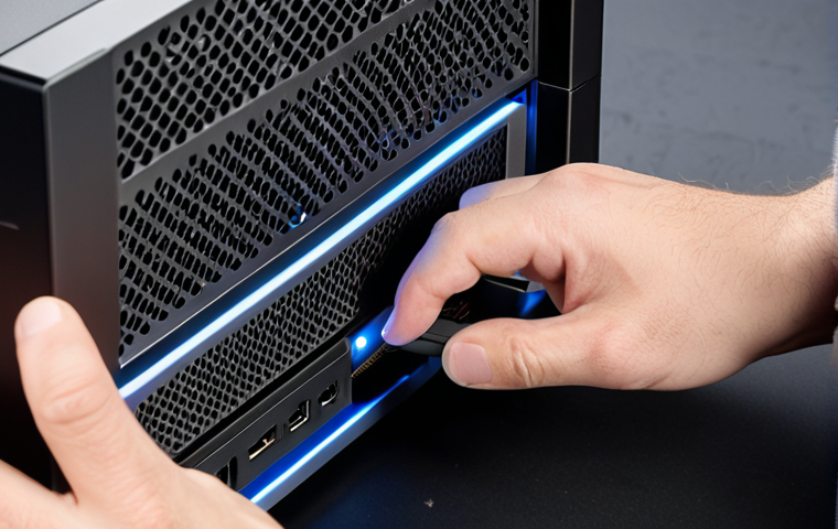 **
A close-up shot of someone carefully checking and reseating a Thunderbolt 3/4 cable connected to both a laptop and an eGPU enclosure. Focus on the connection points and the importance of a secure fit. The lighting should highlight any potential dust or damage.
**