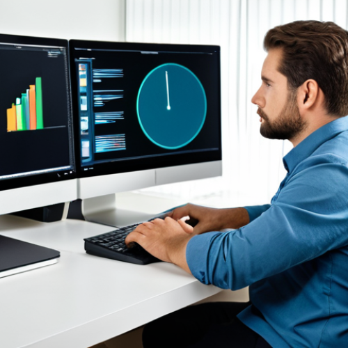 A focused individual, fully clothed in professional, modest attire, sits at a clean and organized home office desk. The person is looking intently at a desktop computer monitor displaying a black screen, conveying a sense of thoughtful problem-solving and slight frustration. The setting includes subtle modern tech equipment. Professional photography, studio lighting, high-resolution, sharp focus, perfect anatomy, correct proportions, natural pose, well-formed hands, proper finger count, safe for work, appropriate content, fully clothed, professional.