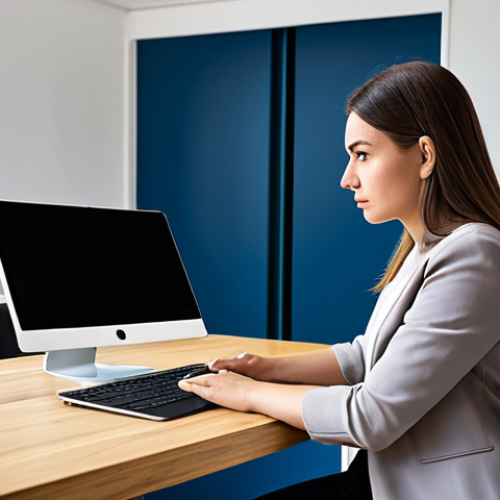 A professional woman in a modest business casual top and trousers, sitting at a modern desk in a well-lit home office. Her laptop screen displays a disconnected internet icon, and she is looking at the screen with a mild expression of professional concern. A modern router is visible on the desk. The scene emphasizes the common challenge of internet connectivity in remote work. Professional photography, high quality, studio lighting, fully clothed, modest clothing, appropriate attire, safe for work, correct proportions, natural pose, perfect anatomy, well-formed hands, proper finger count, natural body proportions, family-friendly.